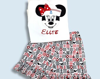 Minnie Cruise Outfit, Cruise Shirt & Shorts for Toddler,  My First Cruise, Mouse Shirts Personalized, Nautical Mouse Outfit Ruffle Shorts