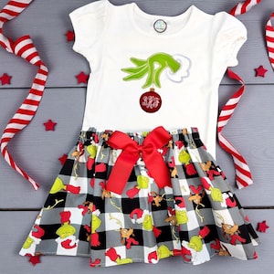 Personalized Grinch Christmas Outfit: Embroidered Monogram Skirt Set