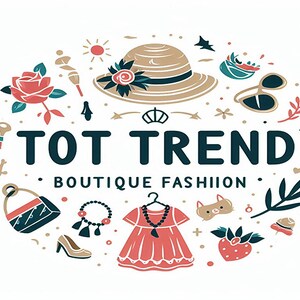 K&ouml;nnte beinhalten: Kreisf&ouml;rmige Illustration mit dem Text "TOT TREND BOUTIQUE FASHION". Das Design umfasst einen Sonnenhut, Sonnenbrille, eine Handtasche, ein Kleid, eine Rose, ein Armband, High Heels und andere Modeaccessoires.