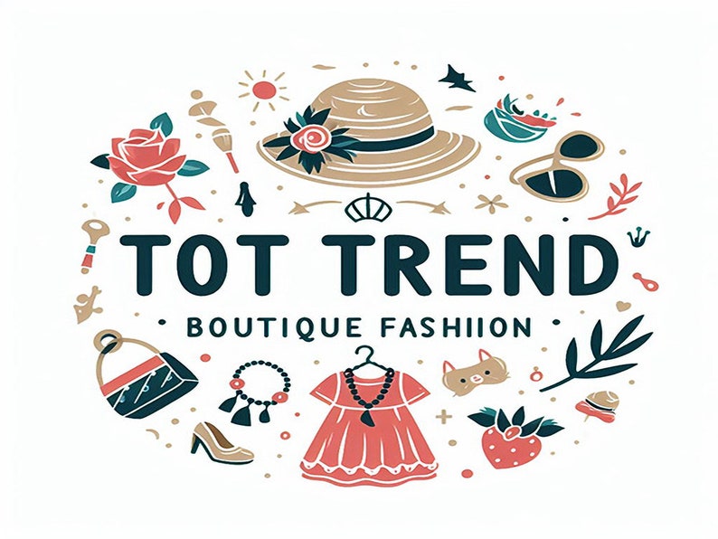 K&ouml;nnte beinhalten: Kreisf&ouml;rmige Illustration mit dem Text "TOT TREND BOUTIQUE FASHION". Das Design umfasst einen Sonnenhut, Sonnenbrille, eine Handtasche, ein Kleid, eine Rose, ein Armband, High Heels und andere Modeaccessoires.