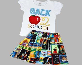 School Girls Outfit - Embroidered Apple Back to School Outfit - Girls School Shirt & Skirt Set - Girls School Dress