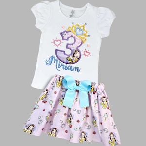 Personalized Belle Birthday Outfit: Princess Shirt & Cotton Skirt