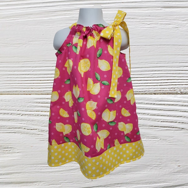 Lemon Pillowcase Dress, Girls Lemonade dress,  Girl Dress, Birthday Toddler Fruit Print Dress, Pink Yellow Summer Dress, Pillowcase dress