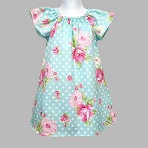 Rose sleeve girls dress- Peasant flowers dress- Polka dots and roses little girl dress - Birthday dress  - Aqua roses peasant dress