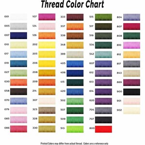 May include: A thread color chart from Fit Friend Boutique, featuring a variety of thread colors. The chart displays numbered color swatches, including shades of white, blue, yellow, orange, green, purple, and red. Text at the bottom states that printed colors may differ.