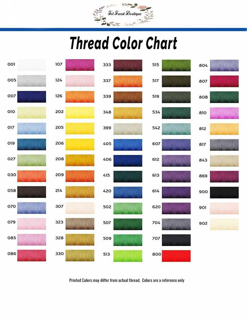 May include: A thread color chart from Fit Friend Boutique, featuring a variety of thread colors. The chart displays numbered color swatches, including shades of white, blue, yellow, orange, green, purple, and red. Text at the bottom states that printed colors may differ.