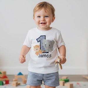 Safari Short Set - Animal Little Boys Personalized Outfit - Zoo Birthday Outfit - Boys Gingham Short & Shirt Animal Outfit