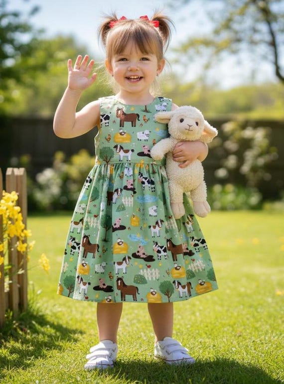 Farm Animal Girls Dress - Animals Dress - Green Farm Little Girls Dress - Girls Dress With Farm Animals