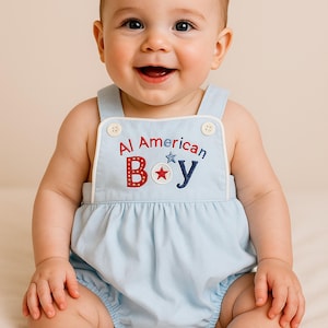 Mono para niño americano, burbuja azul para bebé, mono bordado para niño, conjunto de verano, mono patriótico para niño