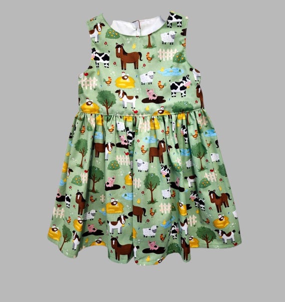 Farm Animal Girls Dress - Animals Dress - Green Farm Little Girls Dress - Girls Dress With Farm Animals