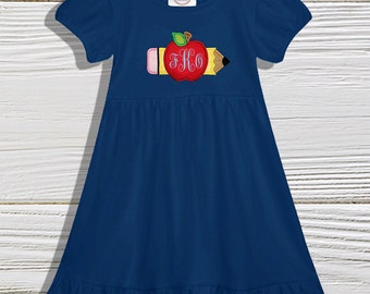 School monogram dress, Kindergarten dress, School girl dress, Personalized Back to school dress, Apple Monogram school dress,  School dress
