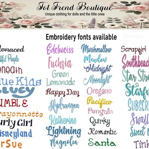 May include: Image showcasing various embroidery fonts available for clothing. The fonts are displayed in different colors and styles, including cursive and block letters. The text "Tot Trend Boutique" and "Unique clothing for dolls and the little ones" are also visible.