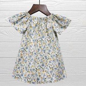 Flower peasant dress - Blue and yellow flower girl dress -Floral dress with sleeves - Little girl peasant flower dress - Thanksgiving dress