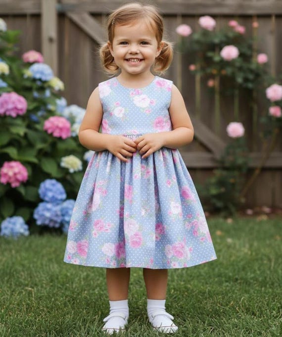 blue dress with roses kids Blue Flower Girl Dress - Roses Dress - Blue & White Floral Little Girls  Dess - Girls Party Dress - Birthday Dress