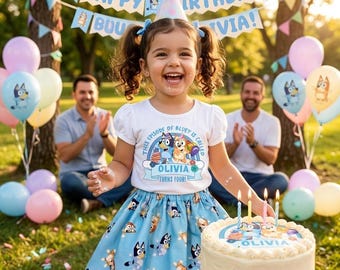 1st Birthday Blue Dog Dress Set - Personalized Girls Blue Dog Outfit - Cake Smash Blue Dog Baby Girl Outfit - Girls Blue Outfit