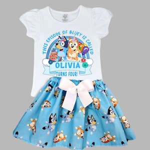 Personalized Blue Dog Birthday Outfit: Cotton Skirt & Shirt