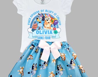 Blue dog birthday outfit, Blue dog skirt & shirt, Girls birthday dog personalized outfit, Toddler dog dress, Dog skirt, Girl blue dress