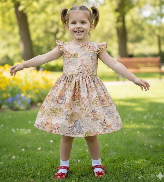 Winnie the Pooh Dress - Classic Pooh Dress- Ruffle Sleeve Pooh Birthday Dress - Girls Pooh Beige Dress - Girls Pooh Dress - Girls Dress