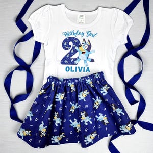 Blue dog girls outfit- Blue dog skirt & shirt- Girls birthday dog personalized outfit - Toddler blue dog dress- Dog skirt - Blue dog outfit