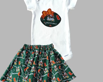 University of Miami inspire girl outfit - UM game day outfit for girls - Hurricane football little girls skirt & shirt -  Football UM outfit