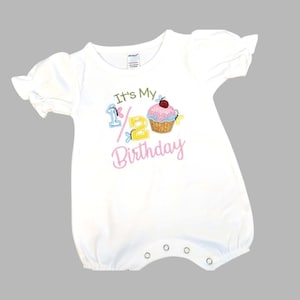 Half Birthday Girl Romper, 6 Month Baby Outfit, Cupcake Bubble Romper, Half Way to One Cake Smash, Baby Girl Half B-Day Outfit