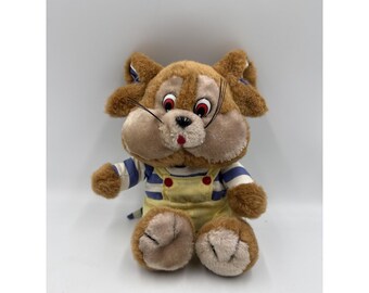 Peluche rare vintage Souris en salopette jaune avec chemise à rayures bleues et blanches