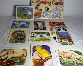 Lote de 10 tarjetas de cartón vintage para niños con diseños de hilo de coser y animales, con caja.