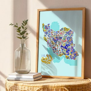 Iran map print with decorative Persian tile artwork.