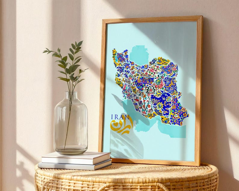 Iran map print with decorative Persian tile artwork.
