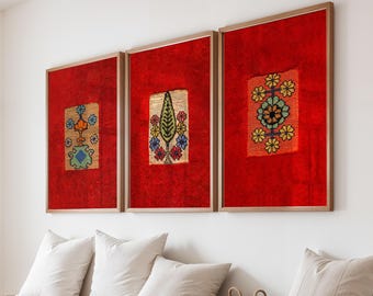 Persian Rug Wall Art Set of 3 | Vintage Red Carpet Printables | Antique Textile Pattern | Eclectic & Maximalist Decor