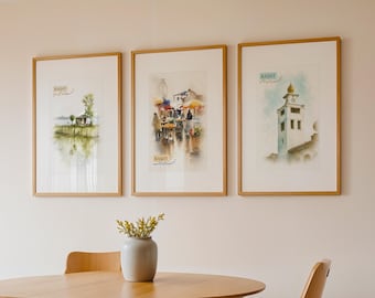 Rasht Iran Watercolor Art Set of 3 | Persian Wall Art | Rainy City Prints | Iranian Home Decor | Set of Three Printable Artworks
