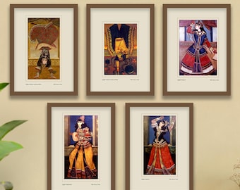 Ensemble de 5 tableaux qajar | Art miniature persan | Impressions princesse qajar, danseuse, musicien | Téléchargement numérique | Art mural persan