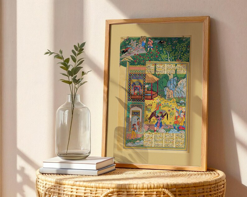 Middle Eastern wall decor displaying traditional Iranian artwork and Farsi script.