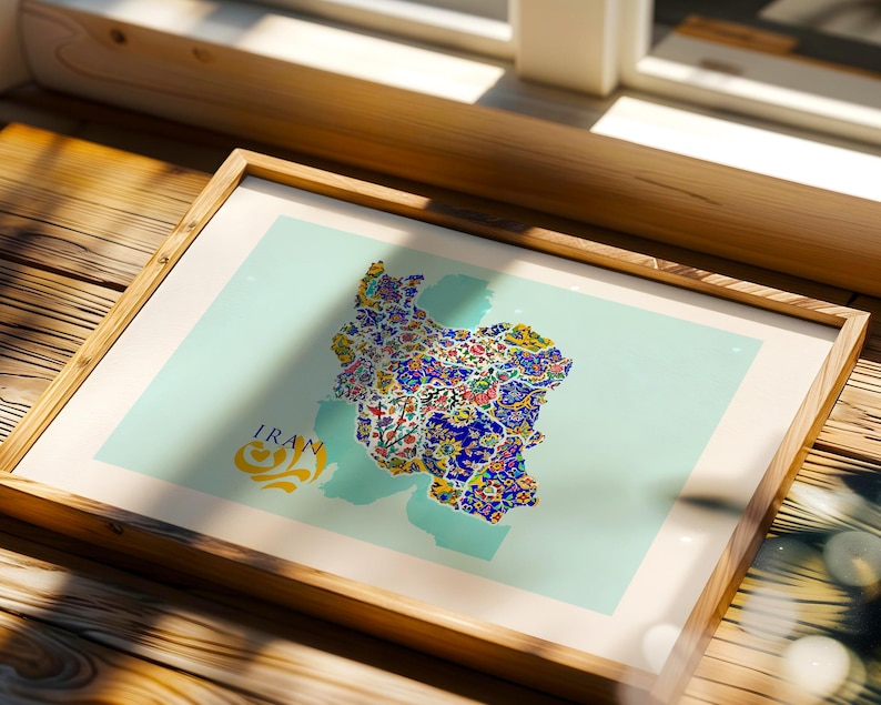 Digital download Iran poster with artistic tile collage.