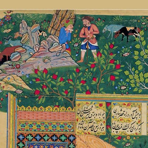 Close-up detail of Nastaliq calligraphy on a vintage Iranian art print.