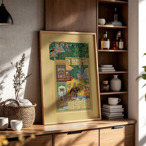 Printable Persian miniature painting illustrating the classic romantic tale of Shirin and Farhad.