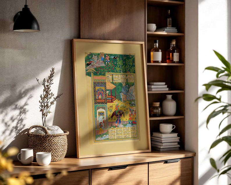 Printable Persian miniature painting illustrating the classic romantic tale of Shirin and Farhad.