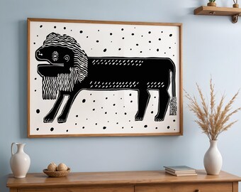 Vintage Lion Printable Wall Art | Black & White Abstract Animal | Antique Persian Art Print | Modern Minimalist Decor