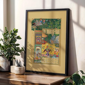 Printable Persian miniature art print featuring the classic Shirin and Farhad love story.