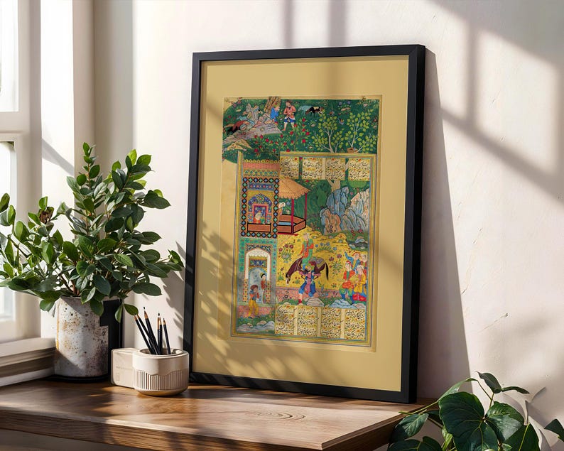Printable Persian miniature art print featuring the classic Shirin and Farhad love story.