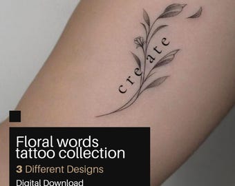 Floral Words Tattoo Design Collection, Flash Tattoo Design Sheet, Minimal Floral Tattoo, Tattoo Ideas, Tattoo Quotes, DIGITAL DOWNLOAD