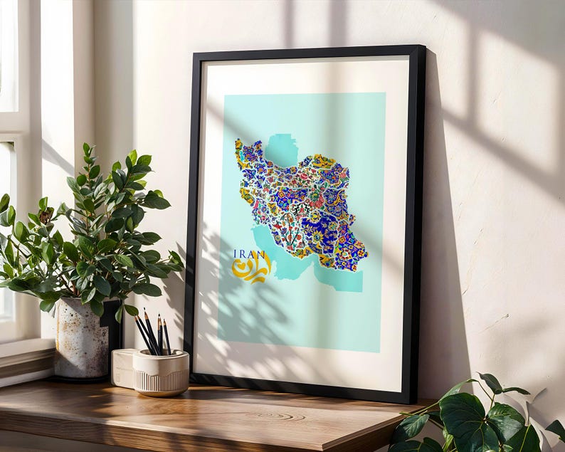 Detailed Iran map illustration made from Persian tile motifs.