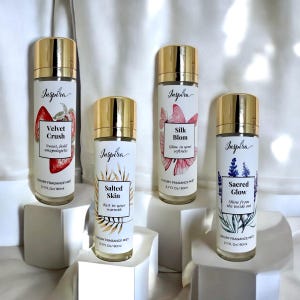 Body Mist Set of 4 Scents | Silk Bloom, Salted Skin, Sacred Glow, Velvet Crush | Clean Long-Lasting Perfume Mist | Handmade Gift for Her