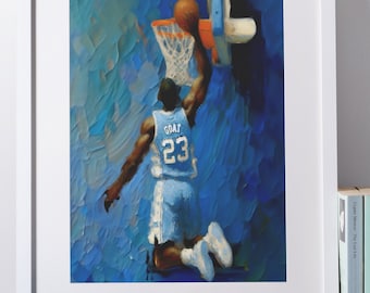 Puede incluir: Una pintura de un jugador de baloncesto con una camiseta azul con el número 23 y la palabra "GOAT" en la espalda, haciendo un mate. El fondo es un diseño abstracto azul y blanco.