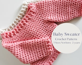 Puede incluir: Un patrón de crochet para un suéter de bebé rosa con ribetes blancos. El patrón incluye 5 tallas para recién nacidos hasta 2 años. "Baby Sweater Crochet Pattern - 5 Sizes Newborn - 2 years"
