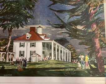 May include: A watercolor painting of a white building with a red roof and a large porch. The building is surrounded by trees and grass. The painting is titled "Painted for United Air Lines by Millard Sheets".