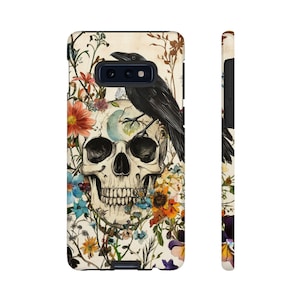 Floral Skull Samsung Phone Case, Tough Cases Gothic Vibe, Unique Gift Halloween, Edgy Style for Nature Lovers, Skull Art Design