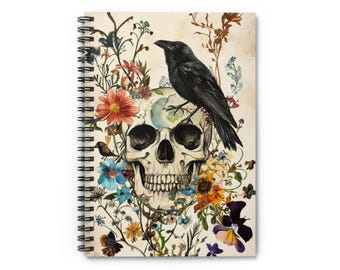 Spiral Notebook - Ruled Line, Gothic Notebook, Skull and Raven Journal, Halloween Stationery, Spooky Writing Pad, Creepy Diary