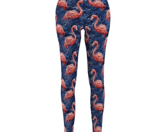 Pink Flamingo Fitness Leggings - Blue Background Gym Pants - Sizes S-XL