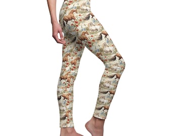 Country Rustic Floral Horses Gym Fitness Leggings Pants